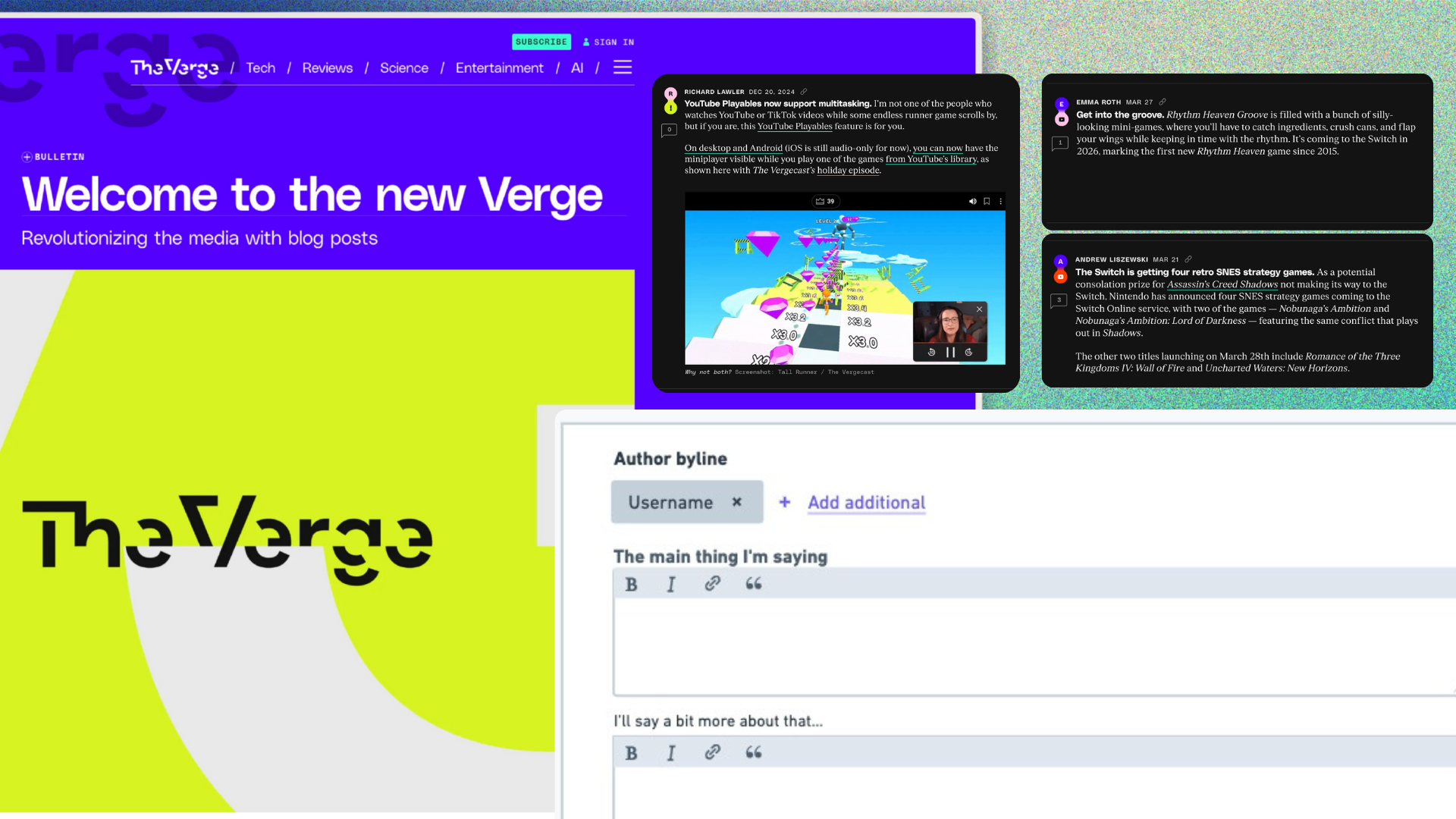Collage of The Verge redesign with Quick Posts cards and the lightweight composer UI