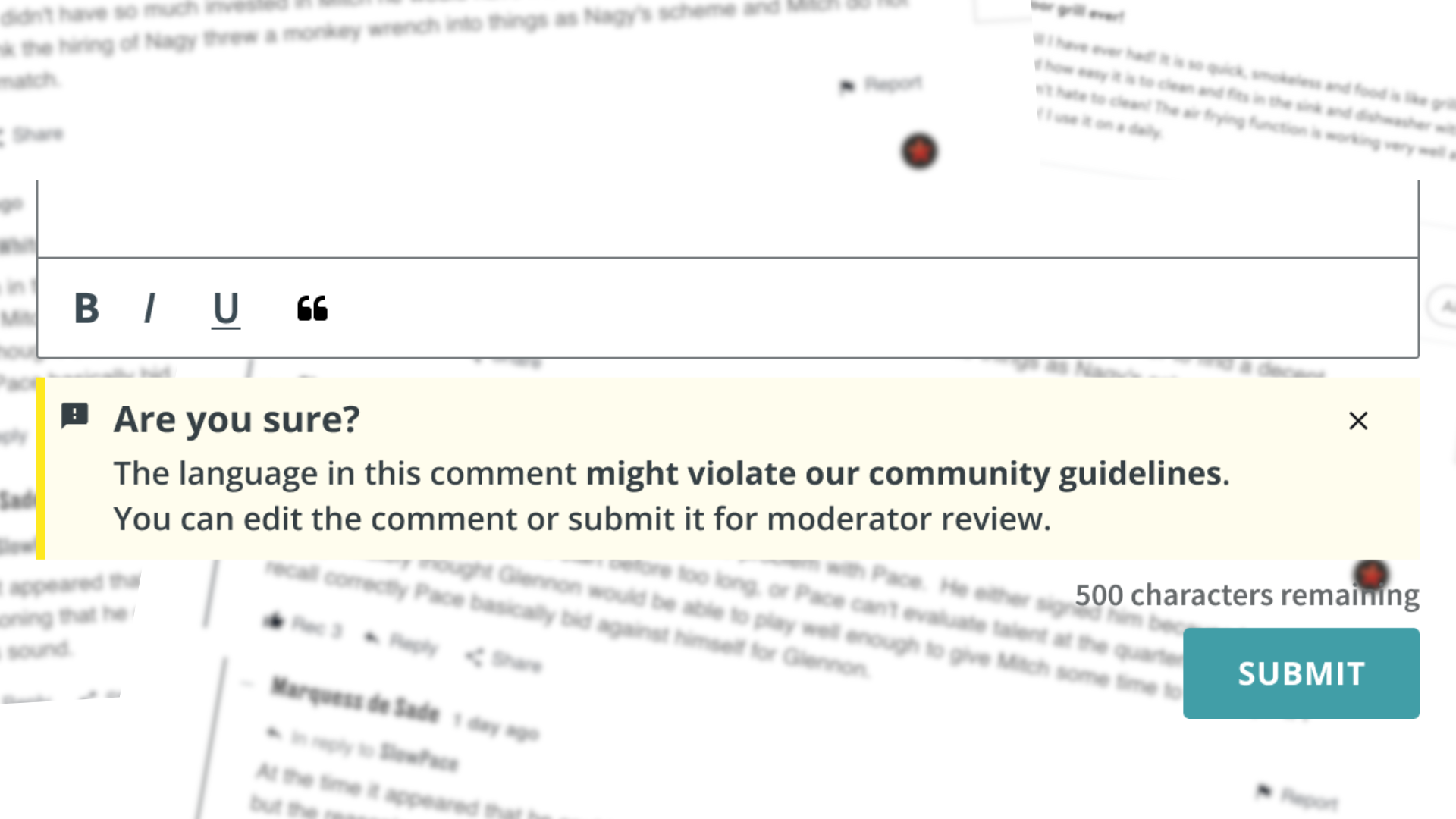 Toxic Comments moderation queue with toxicity scores and context for human review