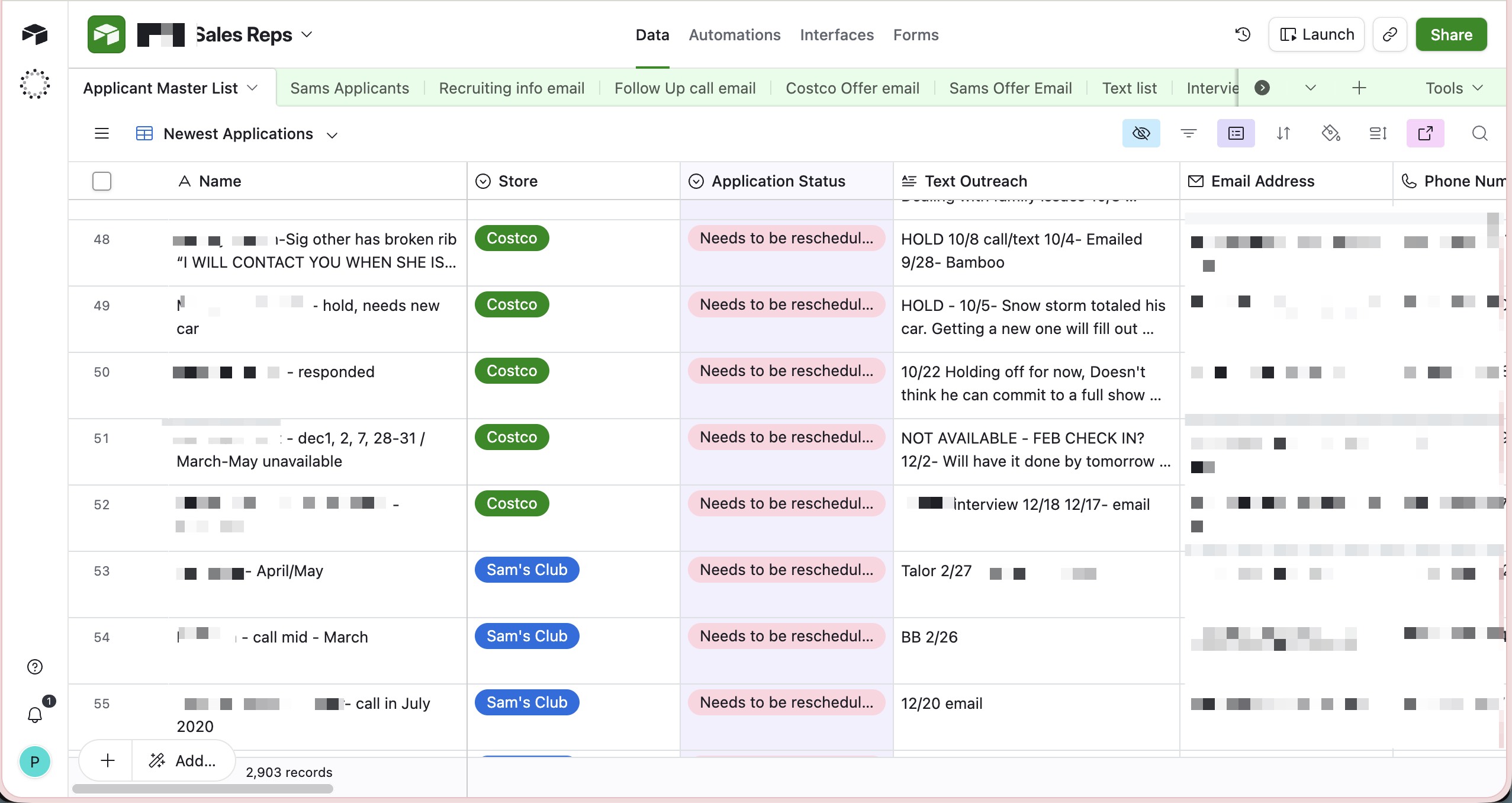 Airtable workarounds composite showing applicant names with embedded notes, outreach notes, and application status labels.