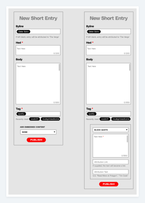 Early Quick Posts composer sketch showing a short entry form and optional embedded content controls