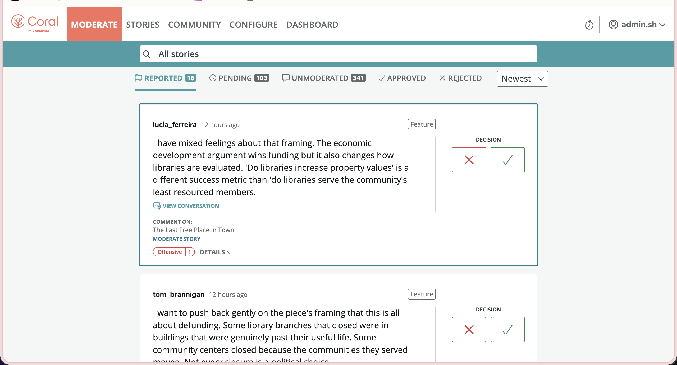 Full view of the Coral moderation interface showing queue navigation, comment cards with moderation signals, and the decision panel.