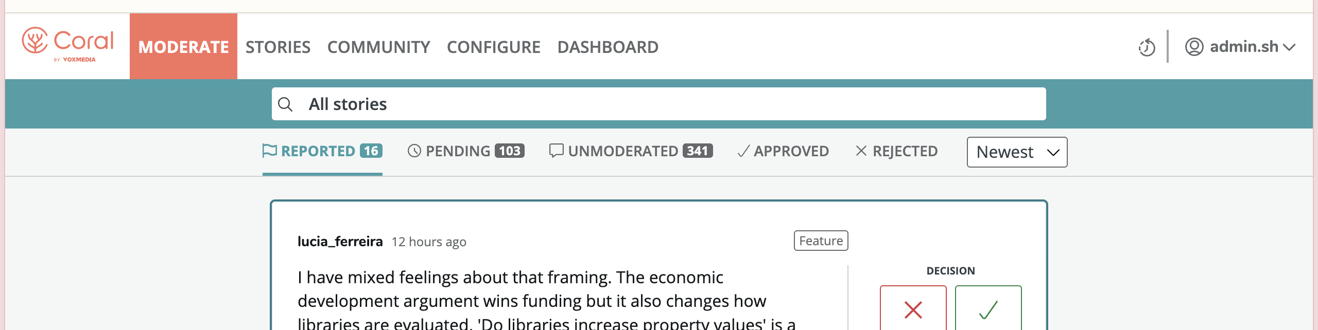 Close-up of the Coral moderation interface queue tabs: Reported, Pending, Unmoderated, and Rejected.