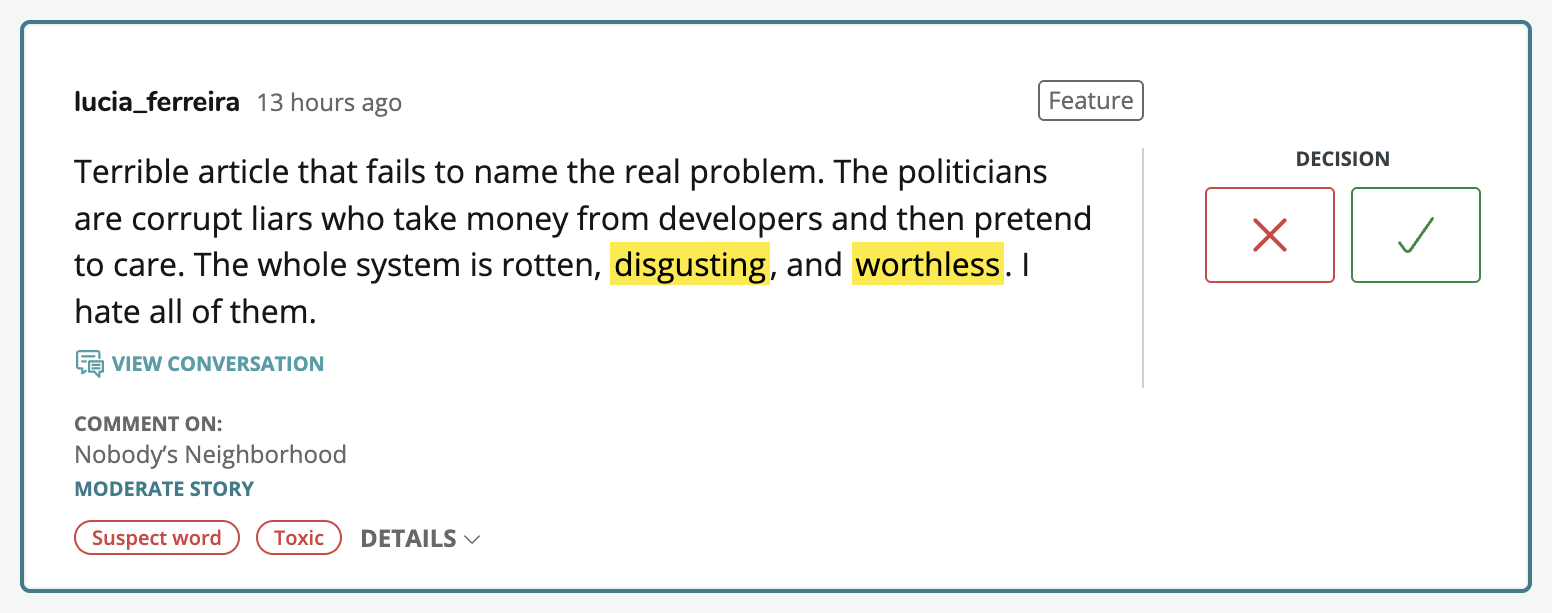 Coral moderation card with a flagged word highlighted inline in the comment text, and Toxic and Suspect Words outline tags at the bottom of the card.